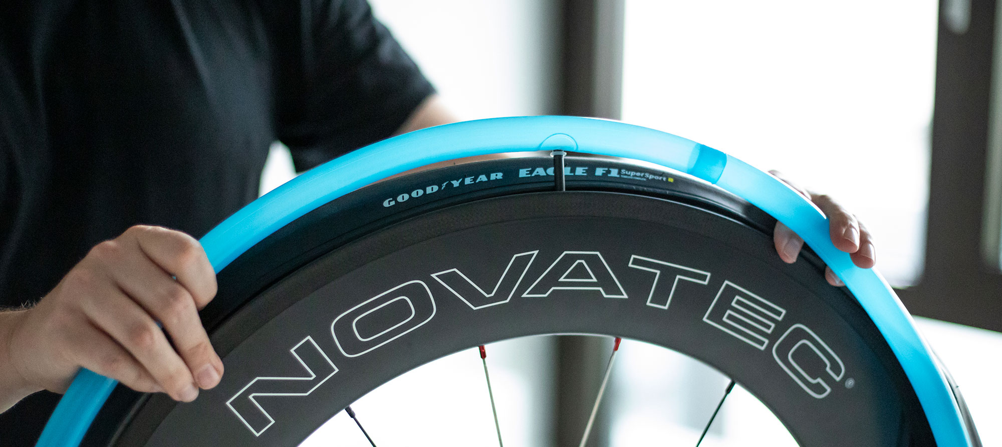 M-Wave TPU inner tube is mounted in a Goodyear Eagle F1 bicycle tire on a Novatec wheel